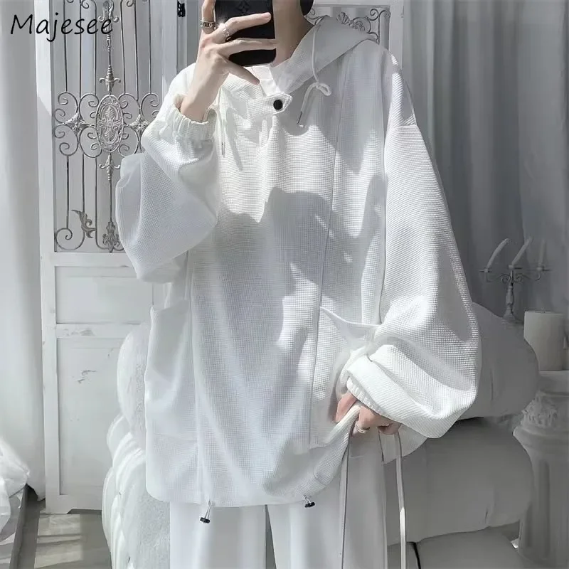 

Hoodies Women Waffle Baggy Chic Pockets Solid All-match Korean Fashion Unisex Streetwear Daily Students Popular Classic Spring