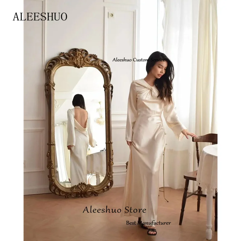 Aleeshuo Elegant Satin Mermaid Long Sleeves Prom Gowns Arabic Dubai Simple Sexy Backless Pleat Floor-Lengthفساتين مناسبة رس2024