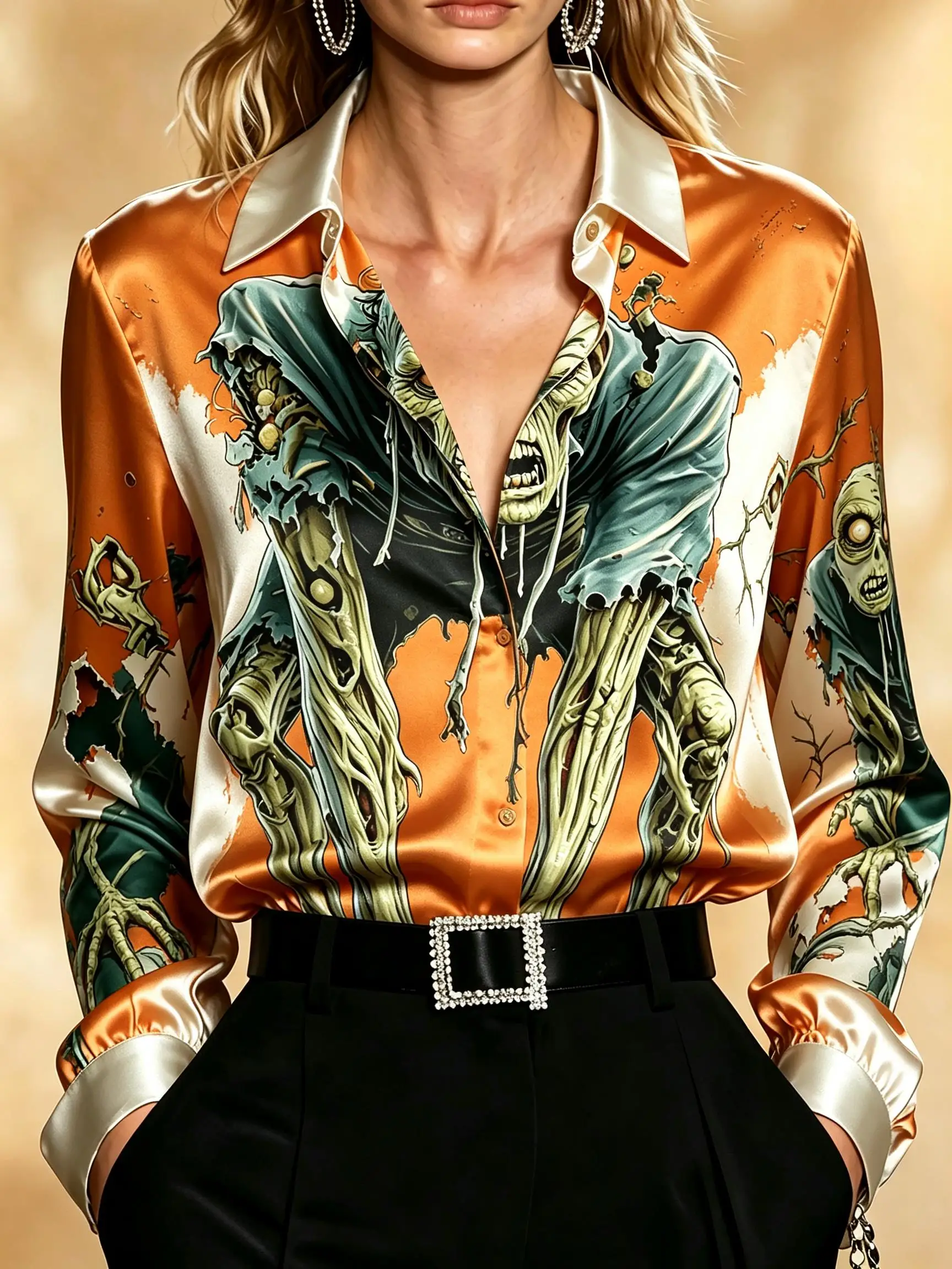 Women Lapel Long Sleeve Button‑Down Satin Shirt Halloween Zombie Monster Graphic Print Contrast Collar Cuff Casual Tops