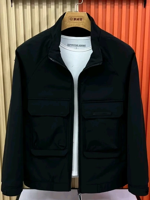 

Spring New Men's Stand Collar Jaet Coat Trendy Versatile High Quali Cool Busin Stand Fit Long Sve Zipper Closure