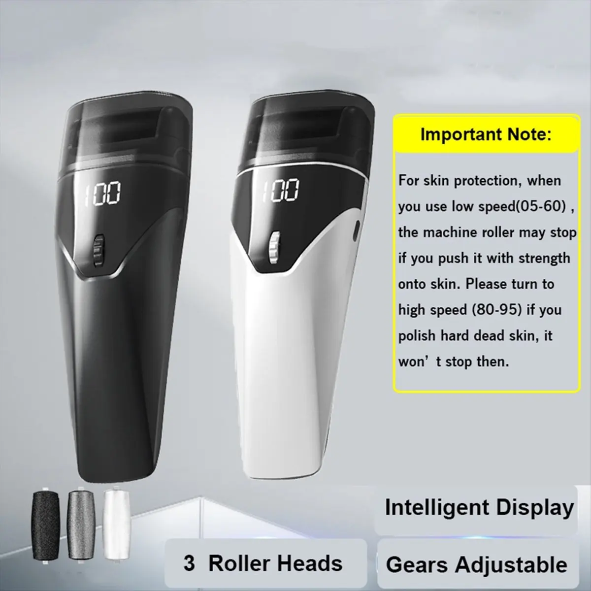 [N84R] Electric Foot File Grinder 3 Rollers Type-C Rechargeable Pedicure Tool Heel Dead Skin Exfoliate Callus Remover Grey