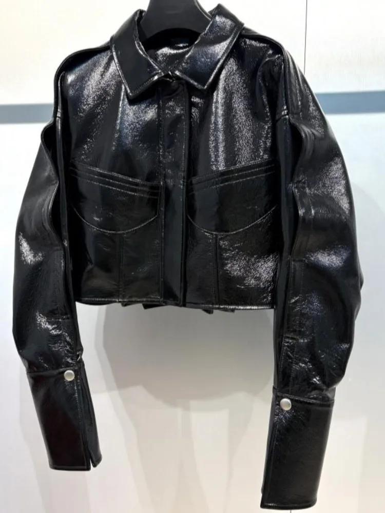 سترة عالية الجودة من الجلد الطبيعي بسحاب وأكمام طويلة من جلد الغنم فضفاضة بلون سادة ملابس خارجية نسائية عالية الجودة #5