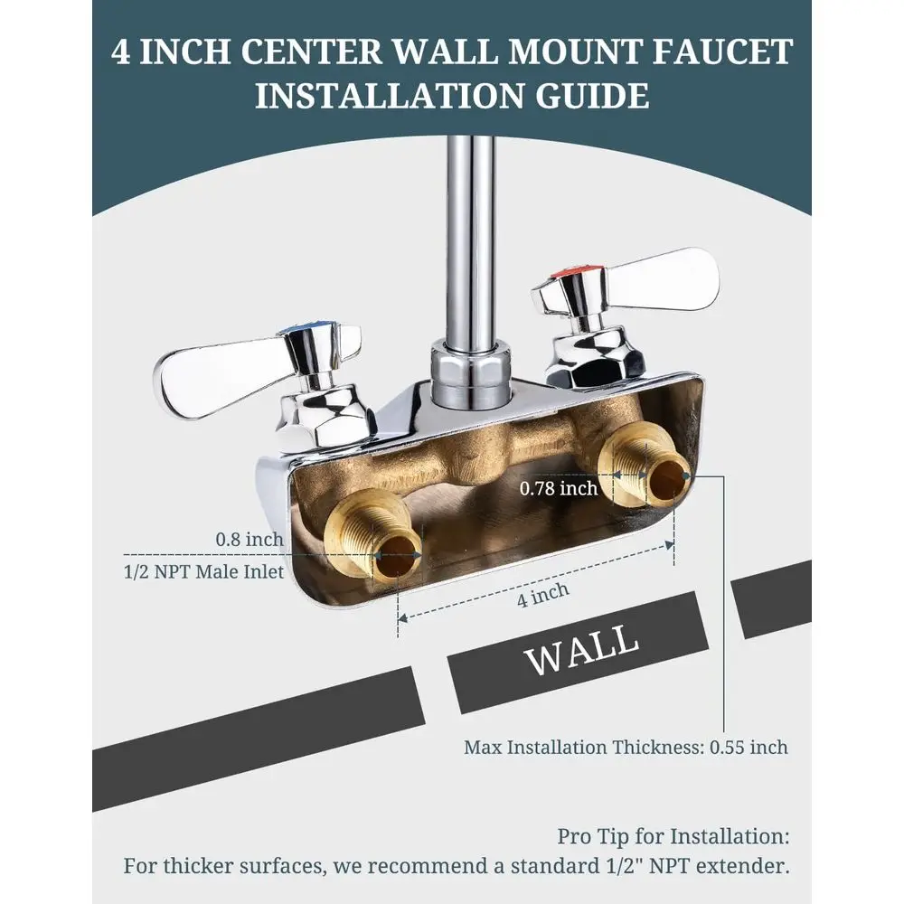 صنبور حوض يد مثبت على الحائط مكون من 4 أسطوانات مع صنبور معقوفة 3-1/2، رافعة مزدوجة، نحاس، صمام سيراميك لغرفة الغسيل والمرافق #3