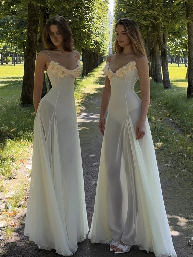 Weird Puss 3D-Blumen-Maxikleid, Body, Damen, durchsichtiger Saum, tiefer Ausschnitt, ärmellos, figurbetont, sexy, modisch, für Partys, klassische Kleider – Detail 12
