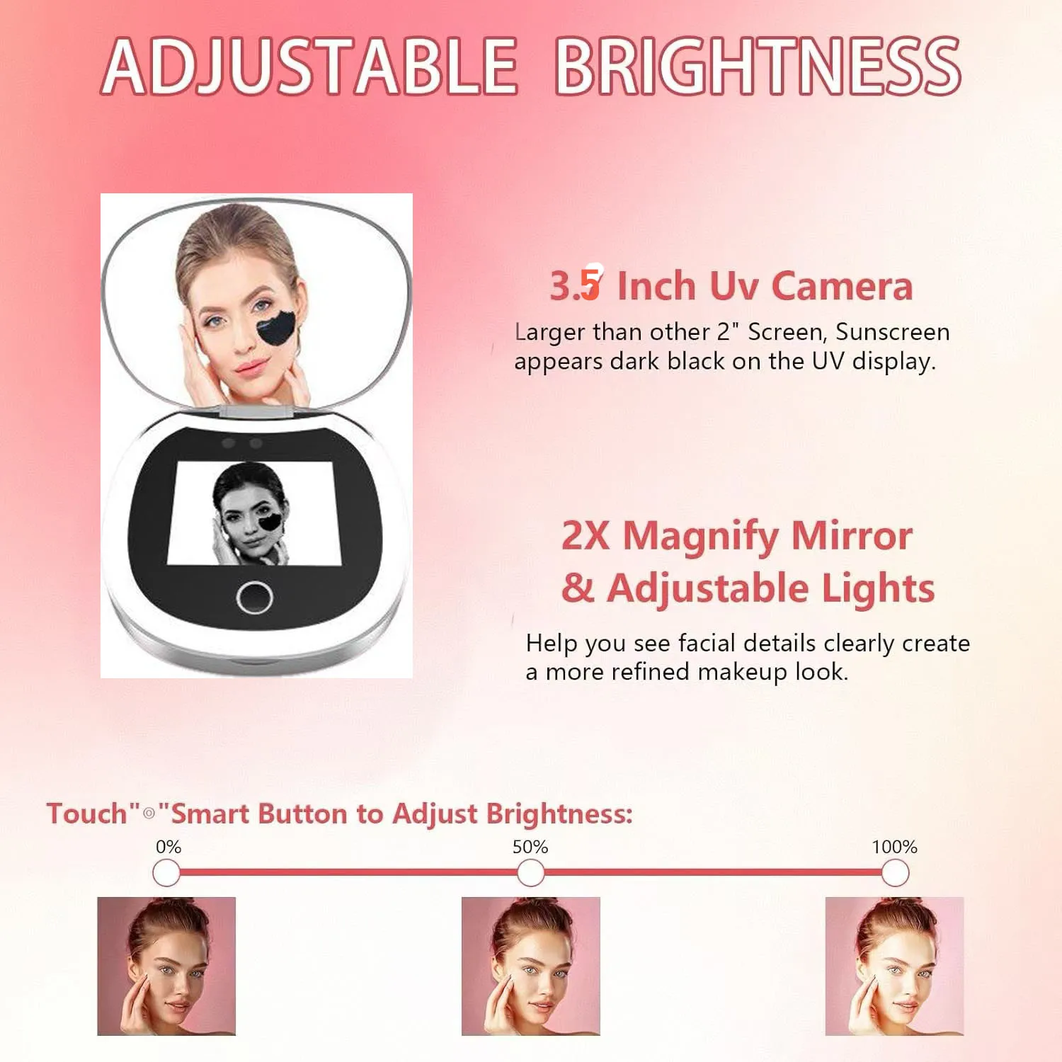 Travel Compact Mirror with UV Camera, 2X Magnification Portable UV Mirror with Lights Checking Facial Sunscreen LED Makeup Mirro