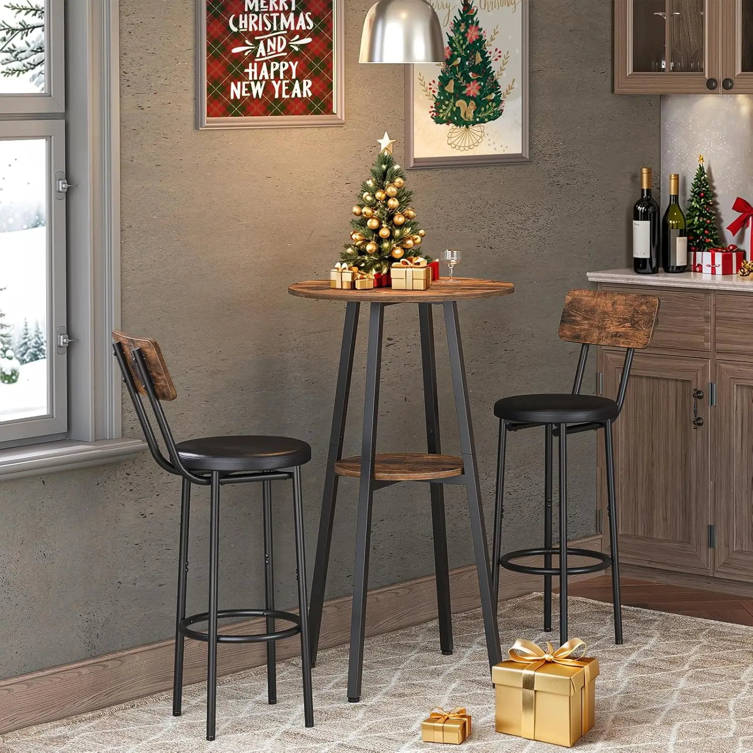Round Pub Table, 2-Tier Bistro Table with Storage,  High Top Table for Small Spaces, Cocktail Table with Top Particleboard