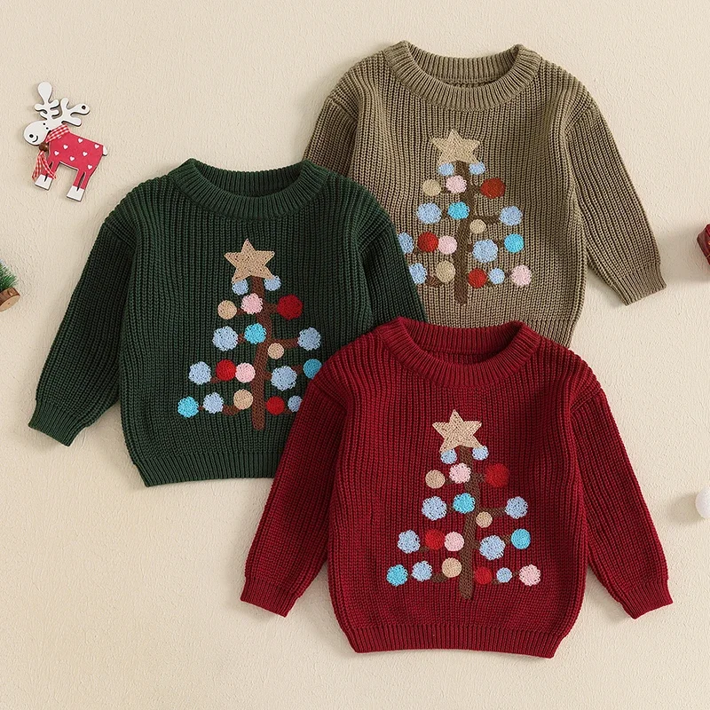 

0-3 Years Baby Christmas Sweater Boys Girls Long Sleeve Crew Neck Tree Warm Knit Pullover Winter Tops