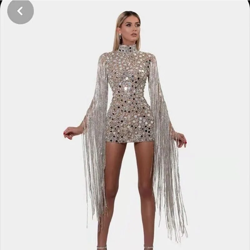 

Sequined Prom Dress Short Crystal Tassel Sparkle Diamond Dress Fashion Ladies Silver Party Sequins Robes De Soirée Haute Qualité