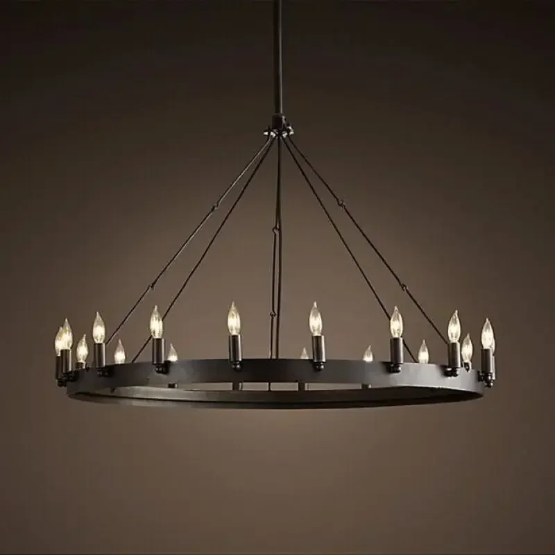 Industrial Style Retro Chandeliers Iron Light Round Candle Led Lamps for Bar Dining Living Room Villa Indoor Home Decor Fixtures