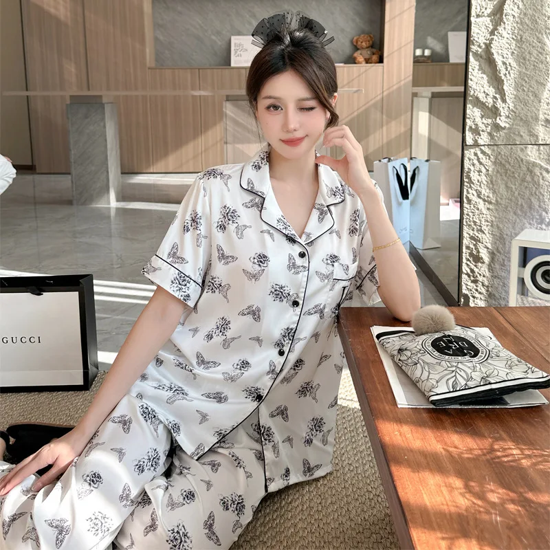 

Summer New European and American Girlfriend Youth Striped Ice Silk Thin Short Sleeve Trousers Pajamas Home Clothes suit