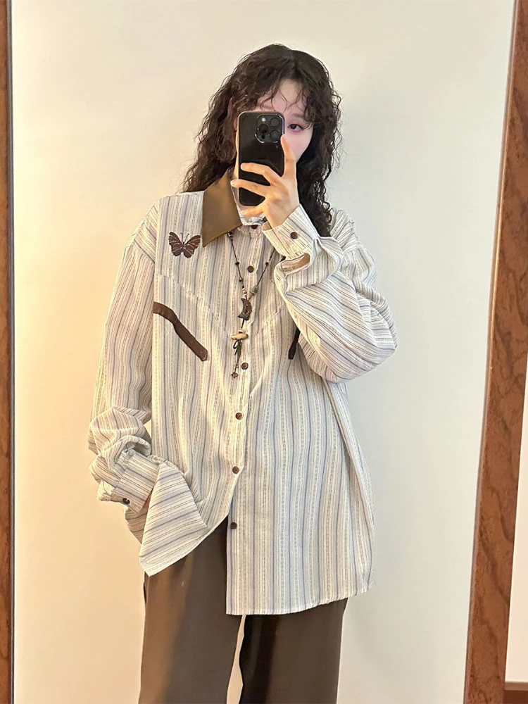 Japanse subcultuur zoete vlinderpatroon T-shirt gestreept lange mouw slanke knop splice nieuwe stijl zachte luie jas herfst