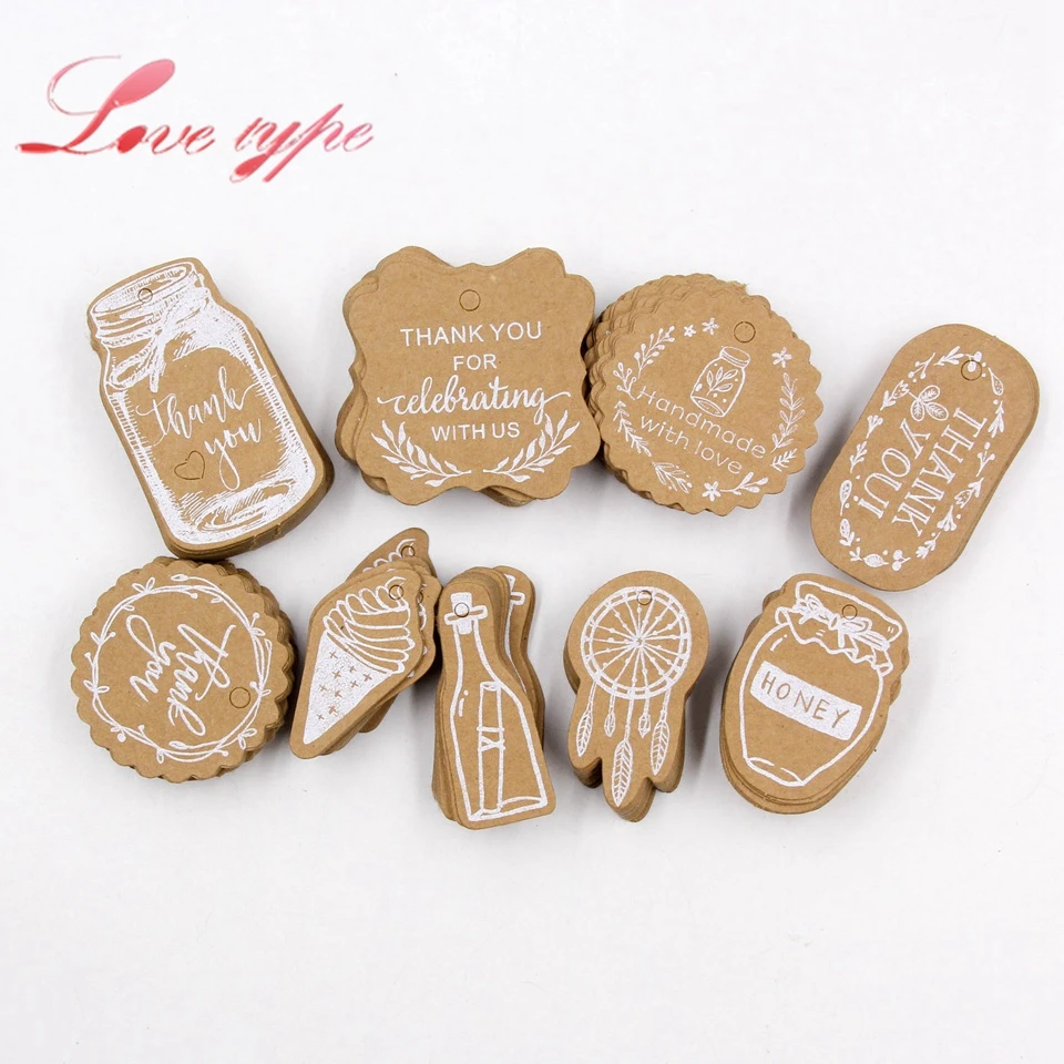 50PCS Merry Christmas Kraft Paper Tags Xmas Tree Handmade/Thank You Hanging Tag With Rope Labels Gift Wrapping Wedding Supplies