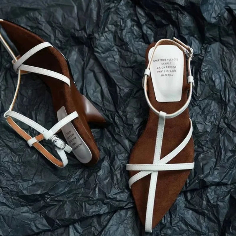 Women's High-heeled Sandals Summer  Shoes Luxury Cowhide Strap Slingback Feminine Wedding  Luxury Sandals Women Designers