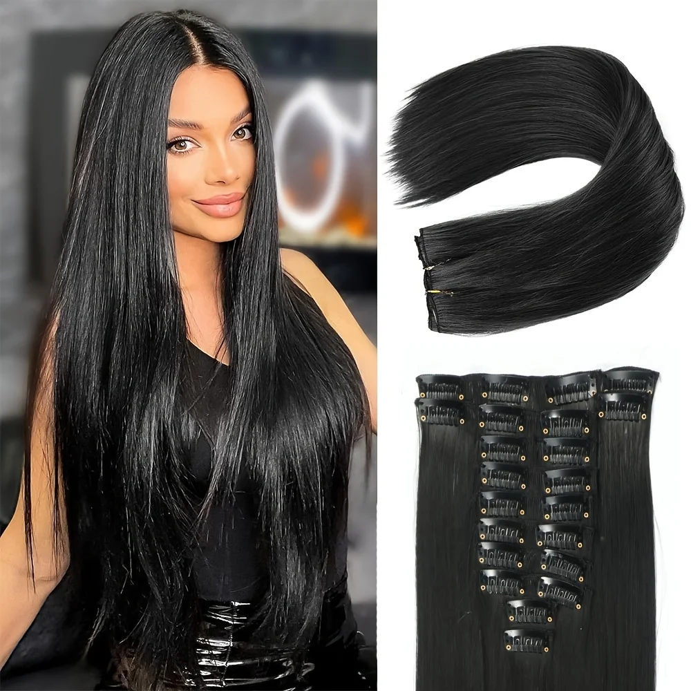 Long Hair Extensions Silky Bone, clipe reto em extensões de cabelo, perucas sintéticas, 22 "hairpieces, aumentar o volume do cabelo, 12pcs por conjunto