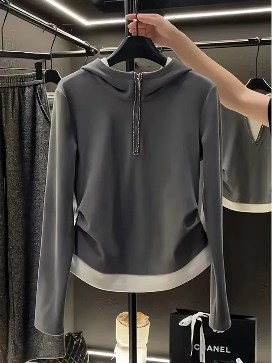 

plus Size Hoodie Women's Fashion Design Long Sleeve Zipper Half Unzipped Spring New Style Casual Comfortable Top Trendy