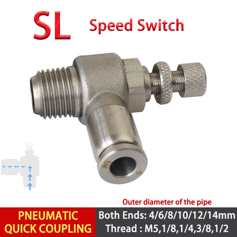 

1pcs 304 Stainless Steel Quick Connector Speed ​​Control Switch SL6-M5 1/8 1/4 3/8 1/2 Regulating Valve Throttling Valve