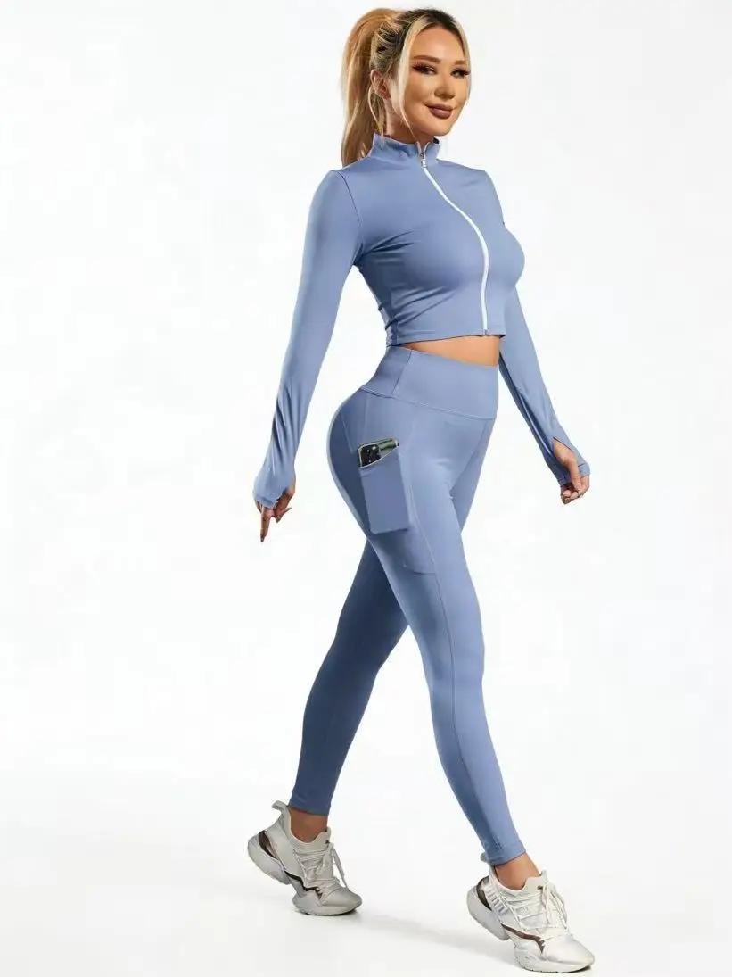 Women 2 Piece Workout Set, Long Sleeve Zip Up Crop Top and Flare Leggings, Seamless Scrunch Hip Lifting Yoga Activewear