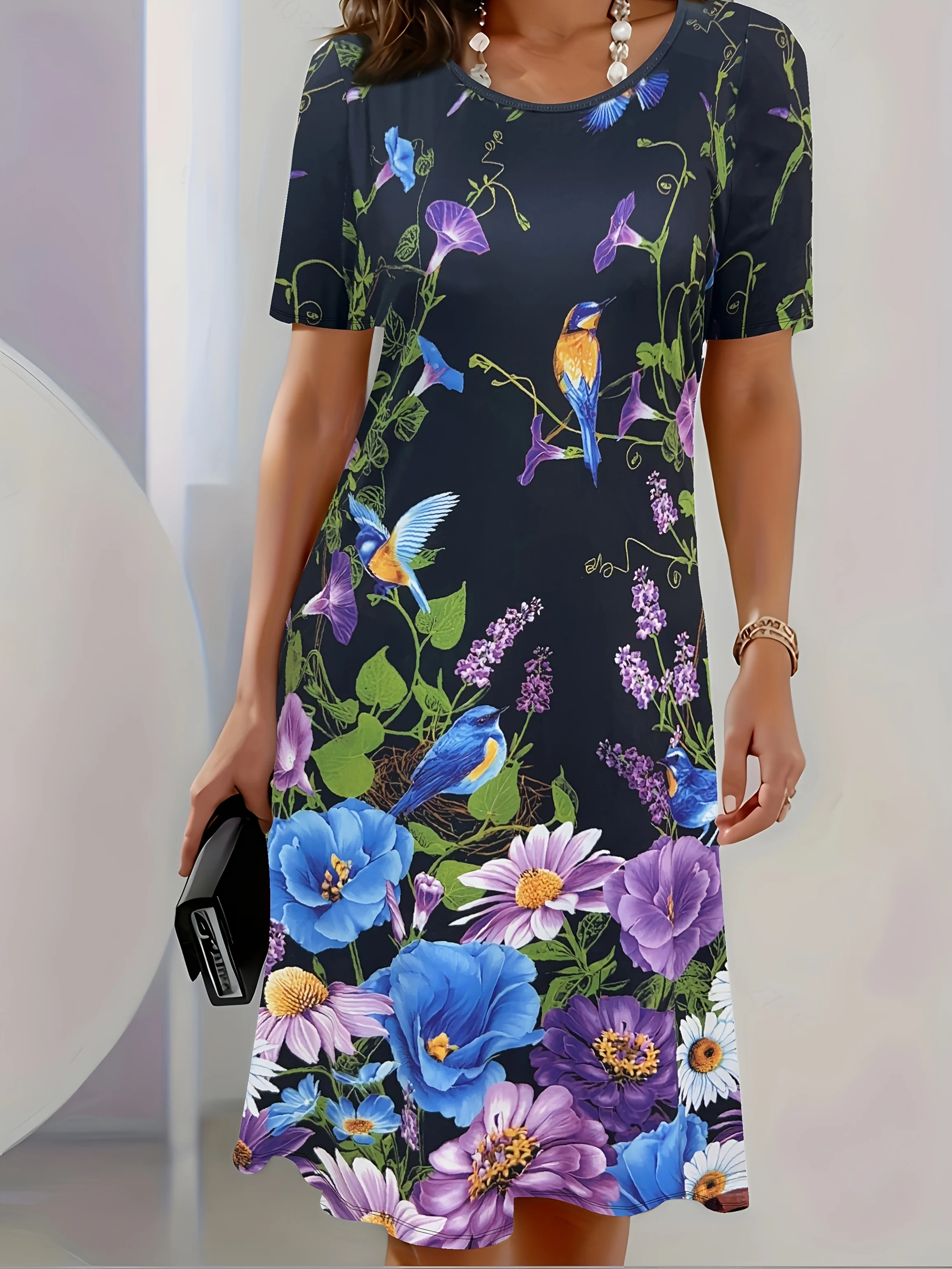 Damenkleid mit Blumendruck, elegantes, kurzärmliges A-Linien-Minikleid, lebendiges Vogel- und Blumen-Design, Urlaubskleid, Damenbekleidung