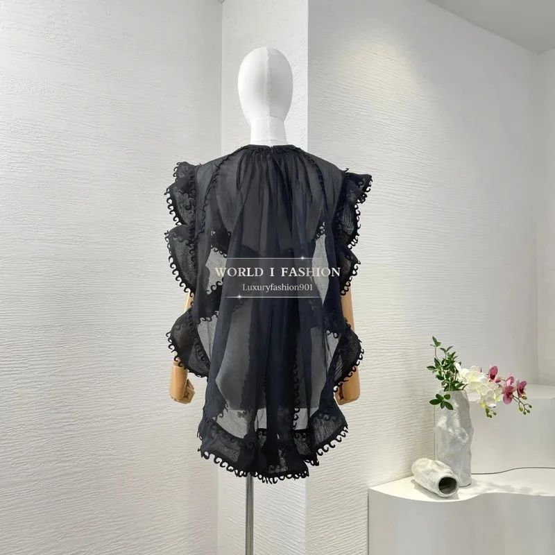 

2025 White Embroidery Sun Ruffles Irregular Hem Blouse Autumn New Women Elegant Tops