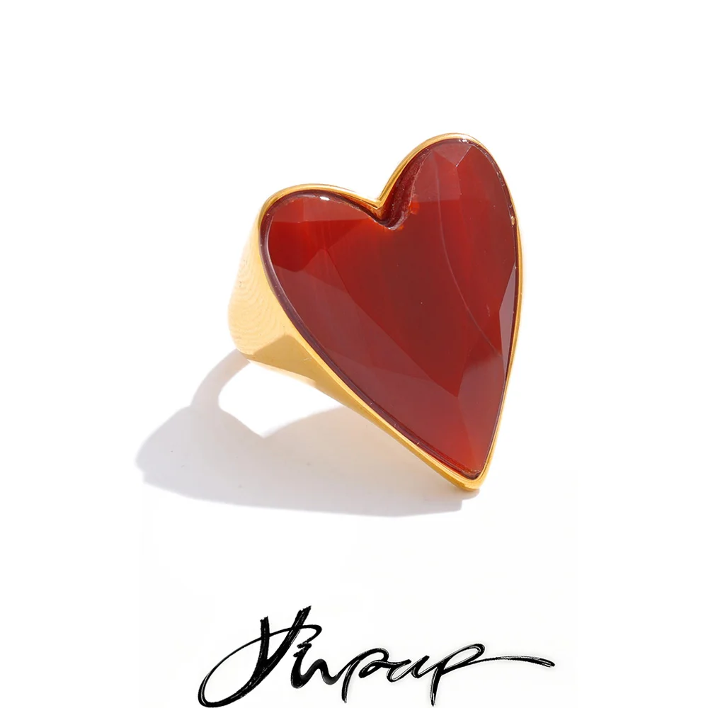 Yhpup Valentinstagsgeschenk, roter Naturstein-Herzring für Damen, 18 Karat vergoldeter Edelstahl, romantischer, hochwertiger Schmuck