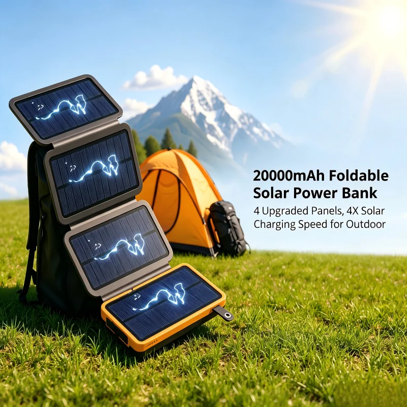 20000mAh Foldable Solar Portable Power Bank Large Capacity Outdoor Mobile Power Charger