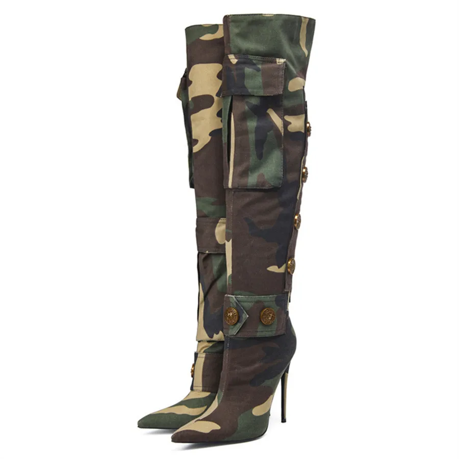 

2024 Sexy Pointed Toe Women Knee High Boots Camouflage Gladiator Long Botas Mujer Pocket Designer High Heel Dress Shoes