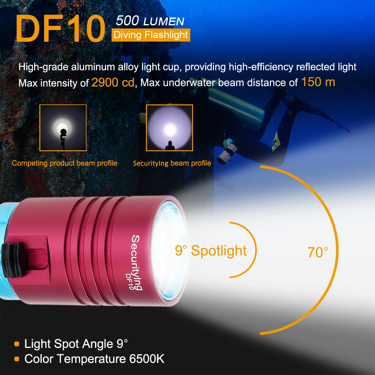 DF10 L2 Led Diving Flashlight 500 Lumens Underwater Lights 30M Waterproof IPX8 Dive Torch with Magnetic Switch Flash Light