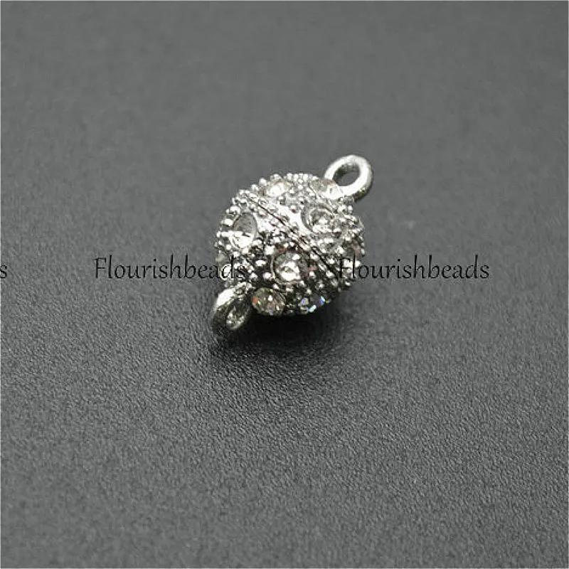 Rhodium Warna Magnetic Bulat Kalung Terlihat Gesper Kristal Manik-manik Membuka Temuan Perhiasan 100Pc Per Lot