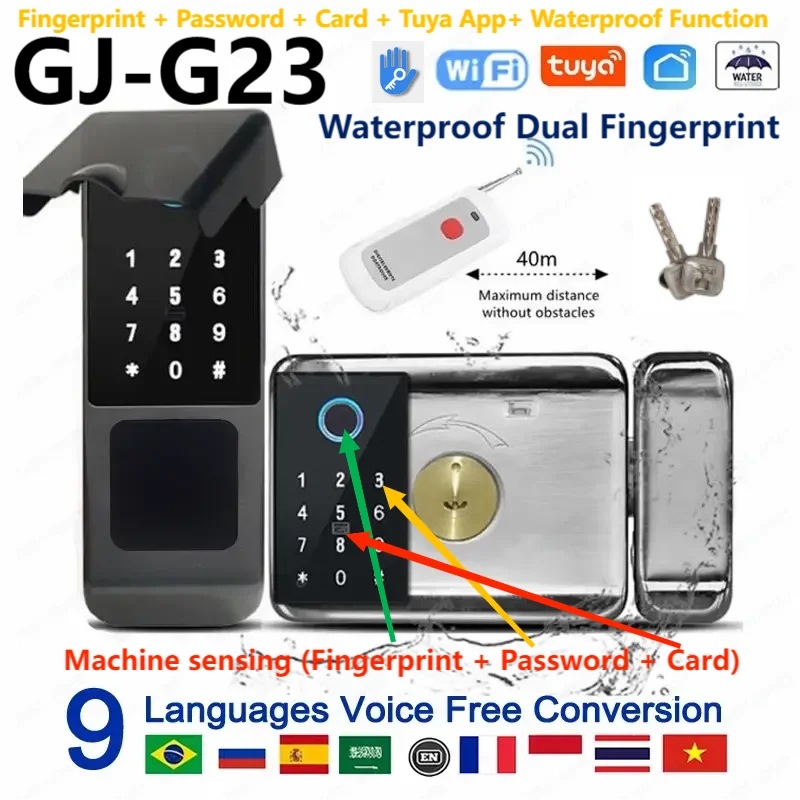 G23 Smart Fingerprint Lock, Tuya Exterior, Impermeável, Multifuncional Controle de Acesso, Bloqueio Elétrico, Senha Remote, Cartão IC