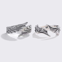 RAKOL 2pc Vintage Angel Bat Wing Demon Eye Hip Hop Adjustable Couples Rings For Men Women Retro Silver Color Jewelry Party Daily