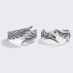 Angel Wings Retro Open Ring Set Para Amantes Mulheres Homens Design Ancient Silver Devil Wings Casal Anel Festa Jóias 10 principais vendas anel asas anjo - №5