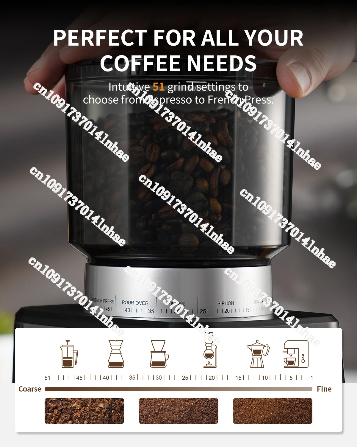 Stainless Steel Espresso 53 58mm Porta-Filter Holders Machine 51 Grinding Setting  Electric Burr Conical Coffee Bean Grinders