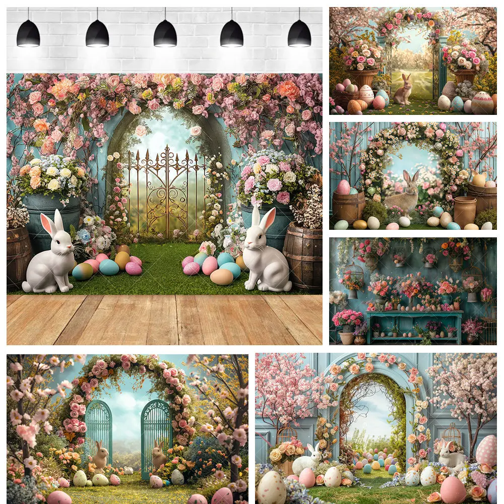 Easter Bunny Colored Eggs Flowers Arch Spring Kid Birthday Family Party Backdrop Custom Room Photography Poster Decor Background