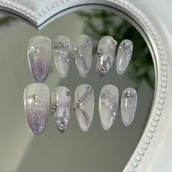 Handmade Press on Nails Purple Fake Nails with Butterfly Sparkling False Nails Sweet Acrylic Full Cover Almond Nails