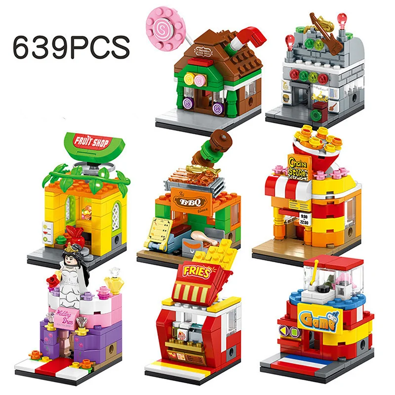 City Mini Street Series Building Blocks Fruit Shop Candy Store Fries Shop Gaming Room MOC Bricks Kids Toys Gifts