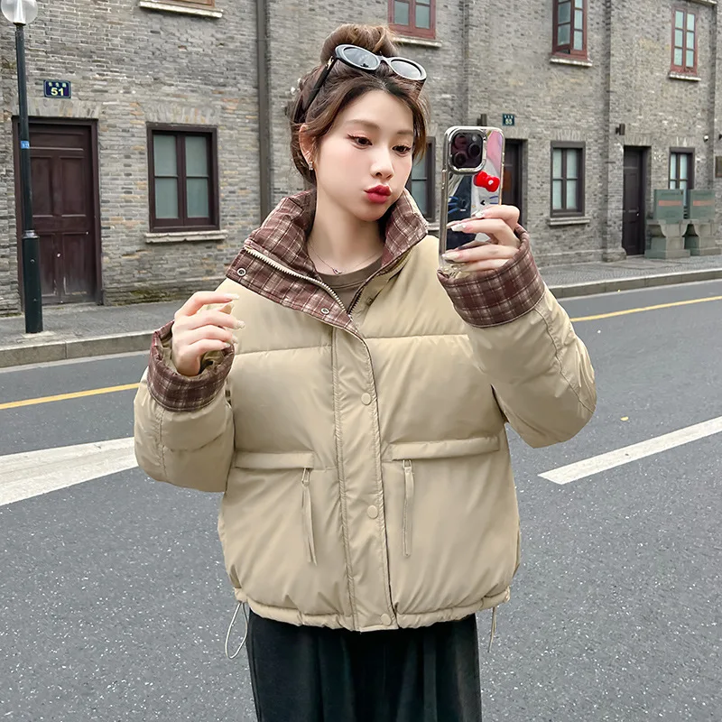 

Women Print Parkas Turn Down Collar Thick Jackets Zipper Long Sleeve Spliced Casual Short Coat Pockets Office Lady Autumn Winter