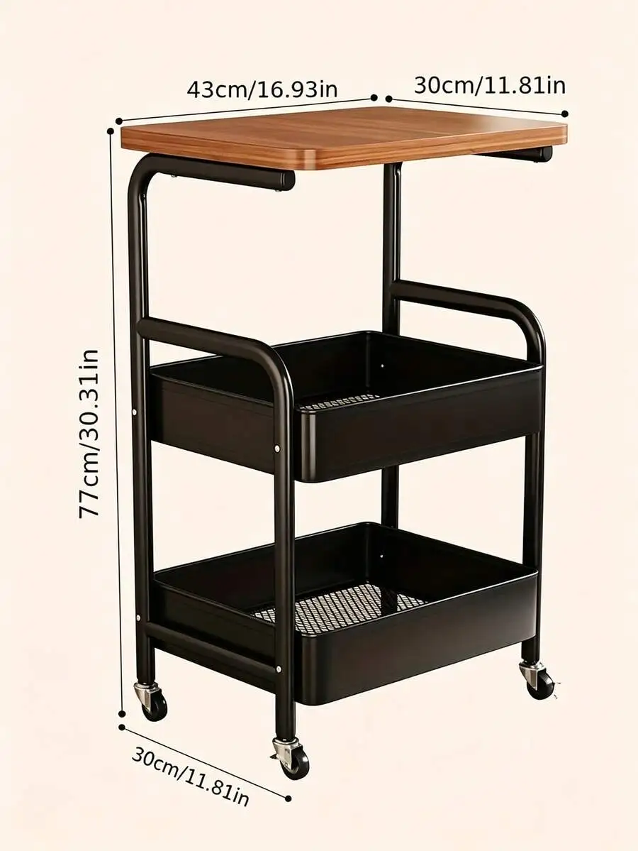 Rolling Cart With Wooden Tabletop, 3 Tier Metal Utility Cart, Rolling Storage Organizer Cart With Lockable Wheels For Kitchen, O