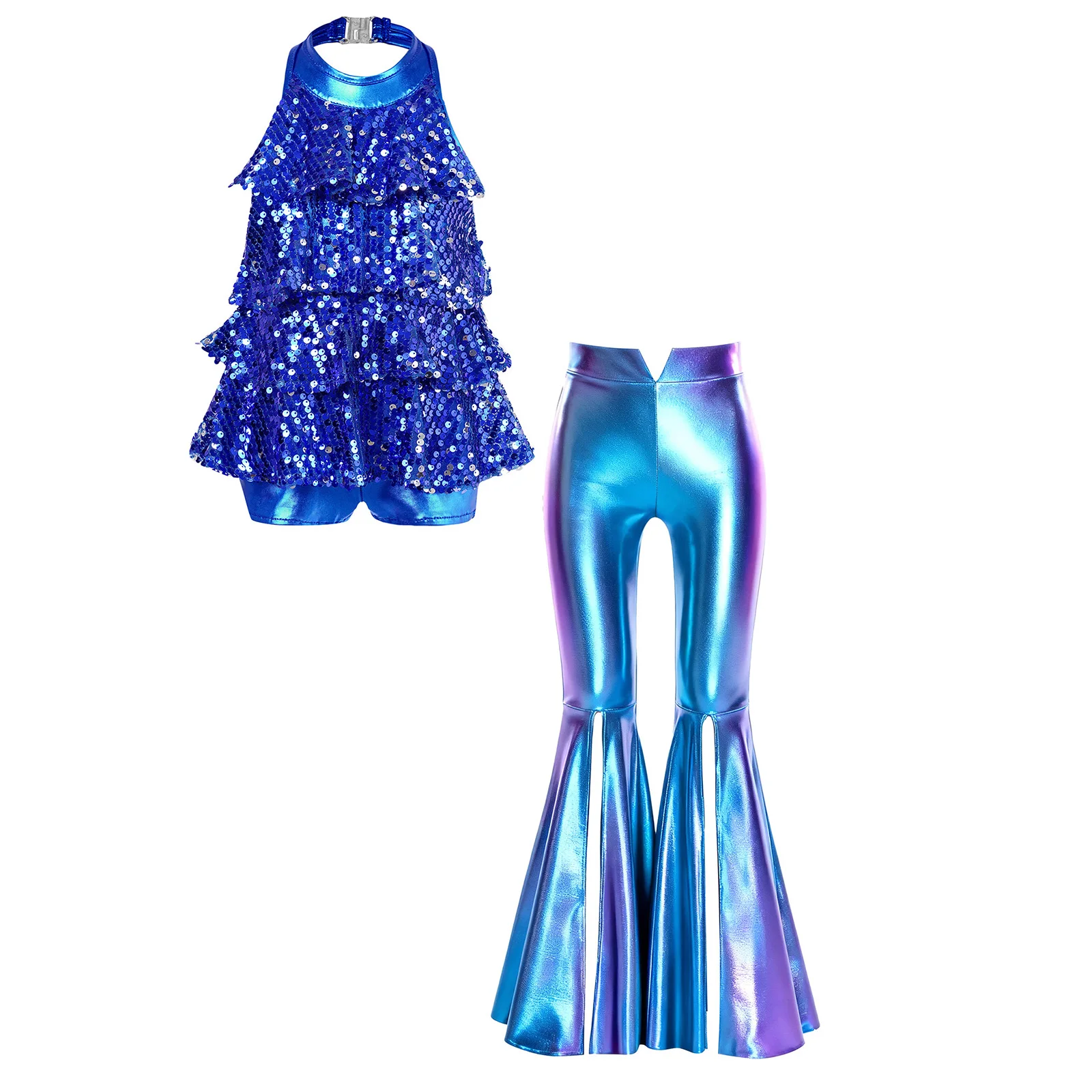 Kids Girls Shiny Jazz Dance Costume Halter Sequin Bodysuit Dress Metallic Flared Pants 70s Disco Latin Performance Dancewear