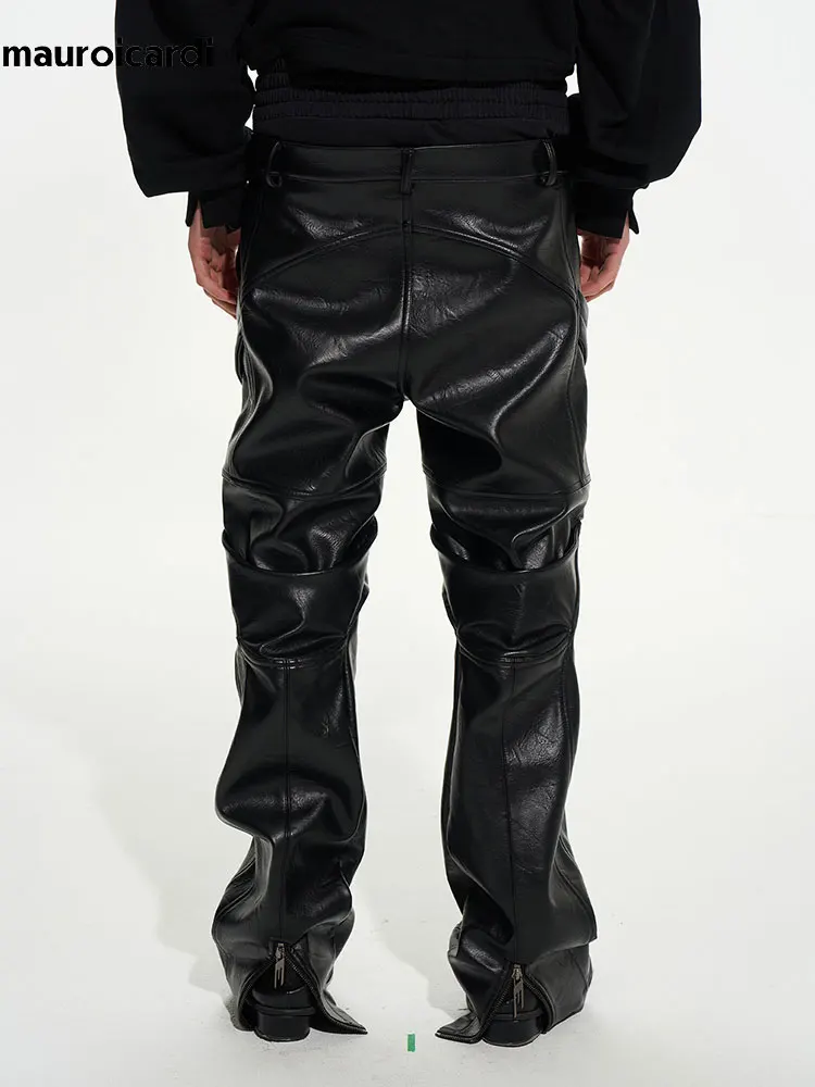 Mauroicardi Spring Autumn Cool Long  Double-waist Pu Leather Straight Pants for Men Luxury Brands Original Deconstructed Clothes