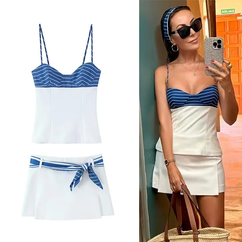 2026 Woman Outfit Stripe Scarf Skirts Shorts Sets For Women 2 Piece New Summer Short Sling Tops Two Piece Set Women's Suits