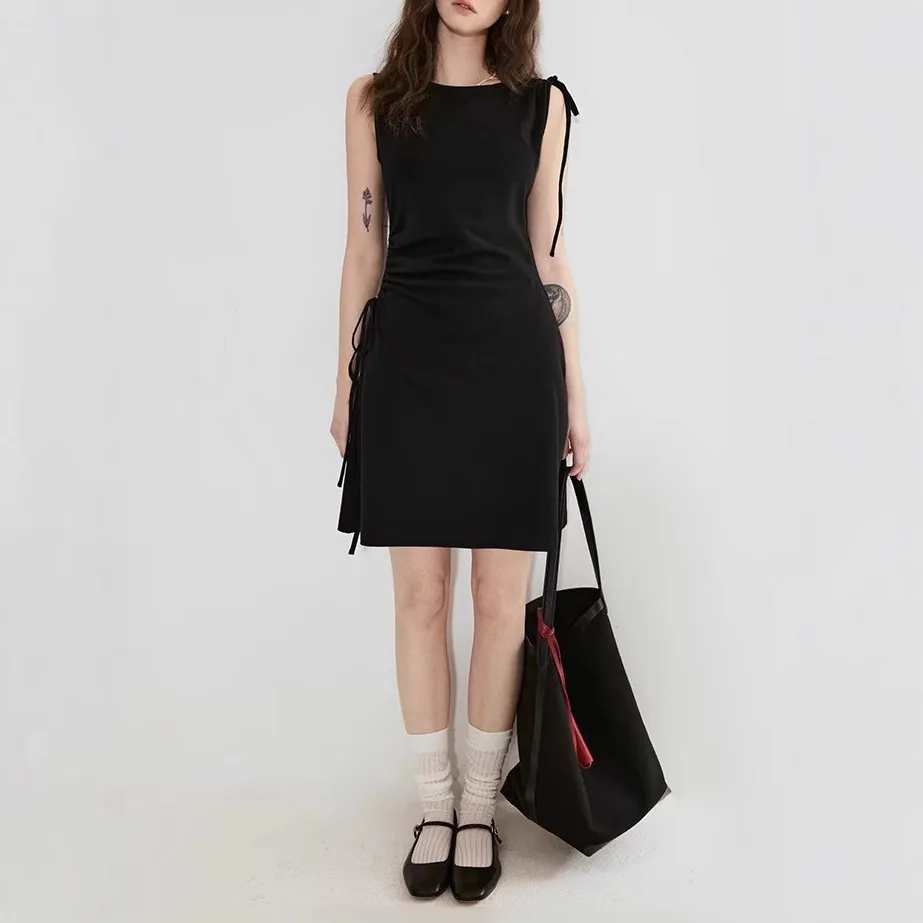

Mini Dress Women Dresses Knitted Vestidos Y2k Streetwear Round Neck Sleeveless Drawstring Elegant High Waist Night Party Work