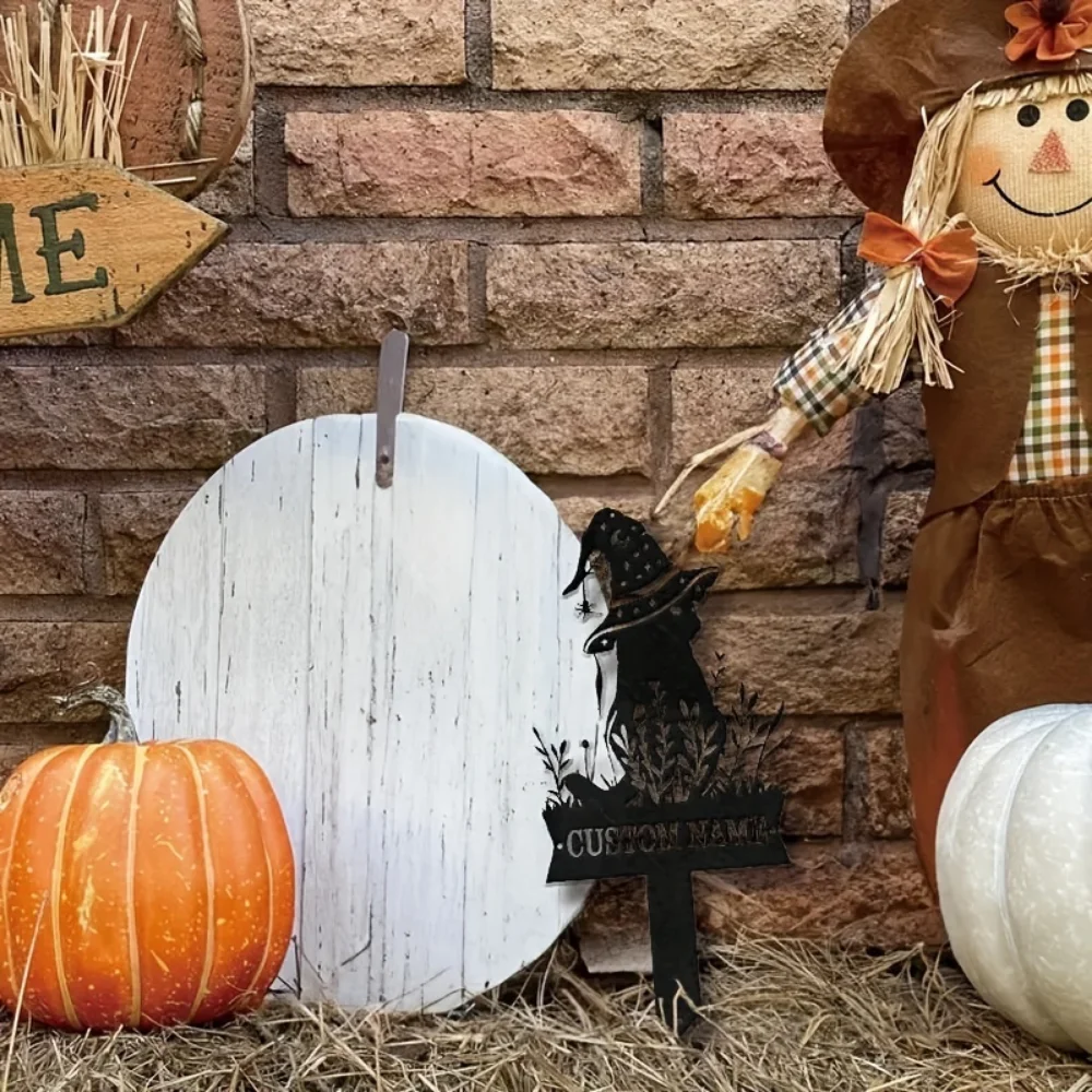 Charming Personalized Witch Cat Garden Stake with Hat Tailorable Metal Yard Sign Perfect for Halloween and Outdoor Ambiance