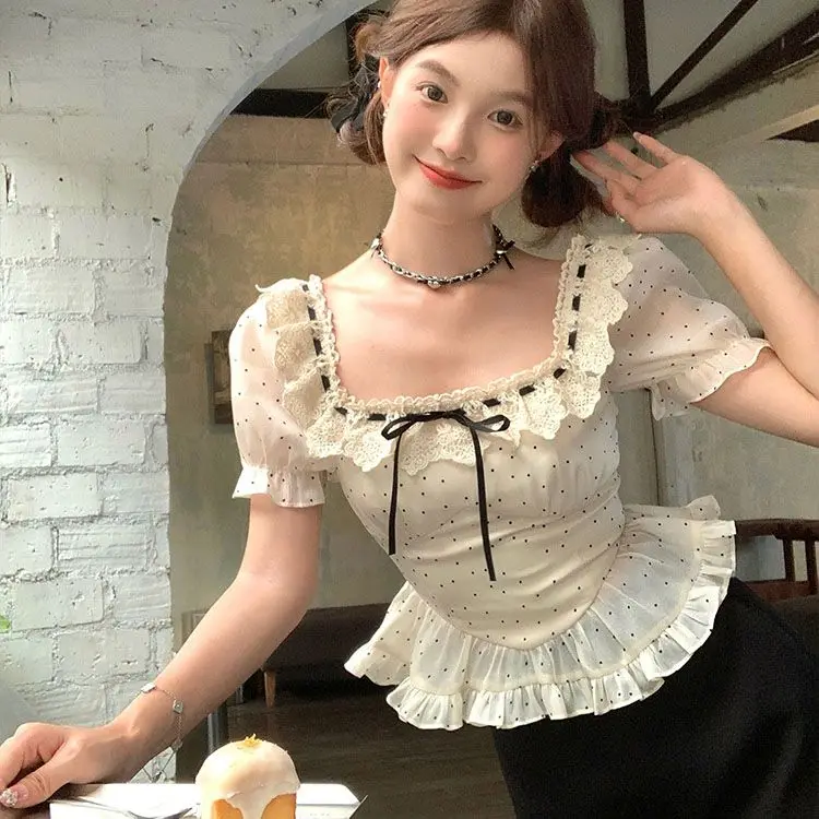 Summer New French Style Retro Bow Polka Dot Square Neck Bubble Sleeve Blouses Women Top Sweet Girl Slimming Short Shirt Top