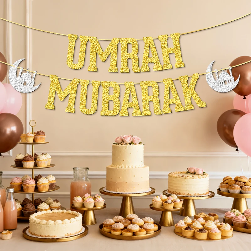 YOMDID Umrah Mubarak Banner Glitzer Umrah Mubarak Dekorationen Partybanner für Islamische Muslimische Dekorationen Partyzubehör – Detail 1