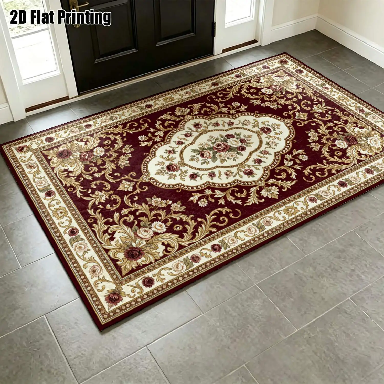 1Pc 2D Printed Burgundy Rose Scroll Flower Vintage Carpet, Home Decor, Multi-Size, Machine Washable, Multi-Scene Use