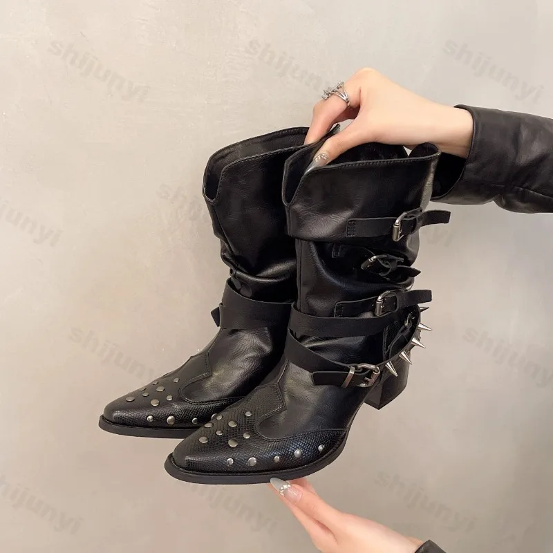 

Women's Ankle Boots Chunky Heel Pointed Toe Short Boots 2025 New Autumn Rivet Metal Buckle Cowboy Boots Ladies Shoes Botas Mujer