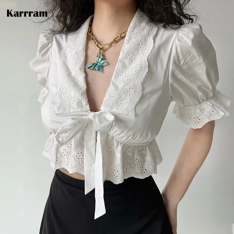 Karrram Lace Patchwork Blouse Puff Sleeve Shirt V-neck Bandage Embroidery Crop Tops Women White Short Sleeve Shirts Korean Style