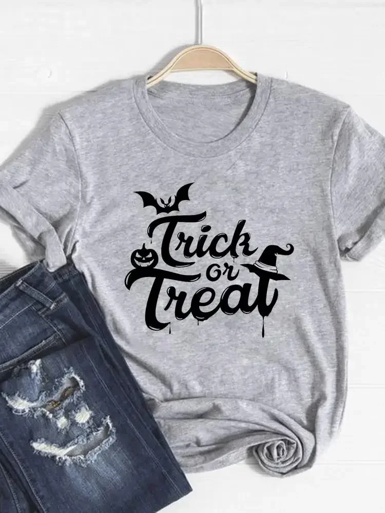 Tee Top Women Fall Autumn Ladies T-shirt Thanksgiving Witch Face Style Trend Clothes Halloween Graphic Print T Shirt Clothing