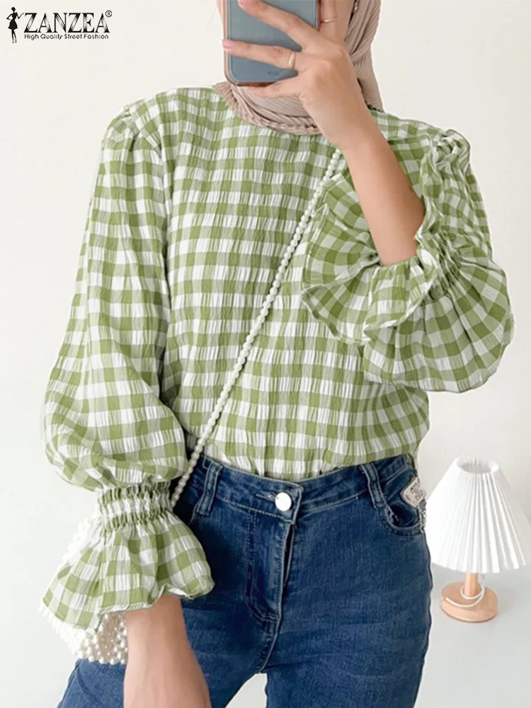 2025 Women Long Sleeve Plaid Checked Blouse ZANZEA Fashion Autumn Ruffle Tops Casual Holiday Shirt Muslim Abaya Blusas Oversize