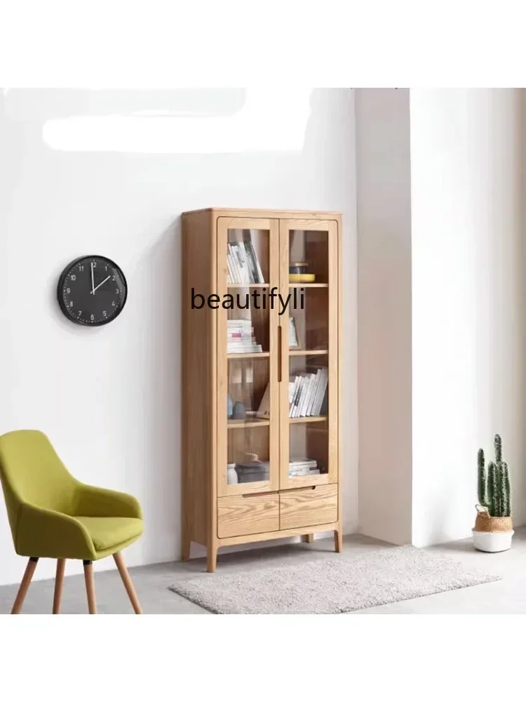 

xz1Solid Wood Bookcase with Door Bookcase Simple Modern Bookshelf Nordic Study Environmental Protection Storage Cabinet